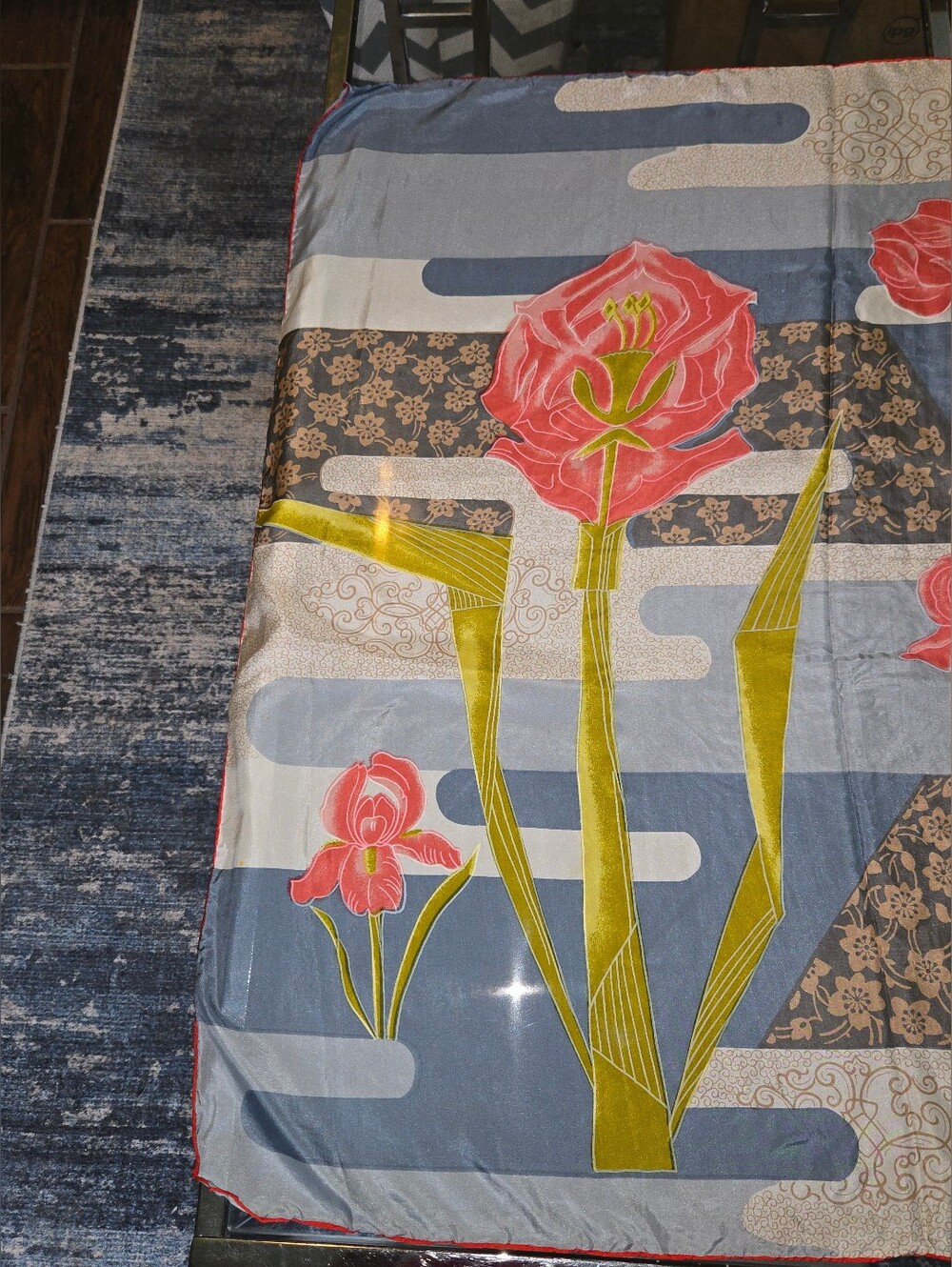 VTG Pure Silk Scarf Hand Printed Iris Floral Japanese Motif Red Hand Rolled Edge